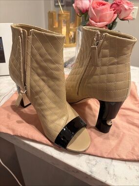 CHANEL Beige Quilted Peep-Toe Ankle Boots with Black Patent Trim